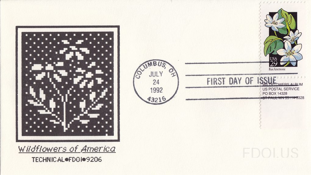 The cachet features a pixelated/cross-stitch style black and white artwork depicting a wildflower plant on a dark background, labeled 'Wildflowers of America' with maker code 'TECHNICAL•FDOI•9206'. The stamp is a USA 29-cent 'Rue Anemone' issue from the Wildflowers of America series, showing white …
