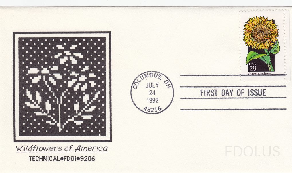 The cachet features a pixelated/digitized black and white artwork of wildflowers rendered in a dot-matrix or mosaic style against a dark background, with the text 'Wildflowers of America' in italic script below. The stamp is a USA 29-cent Common Sunflower from the 1992 Wildflowers of America series…