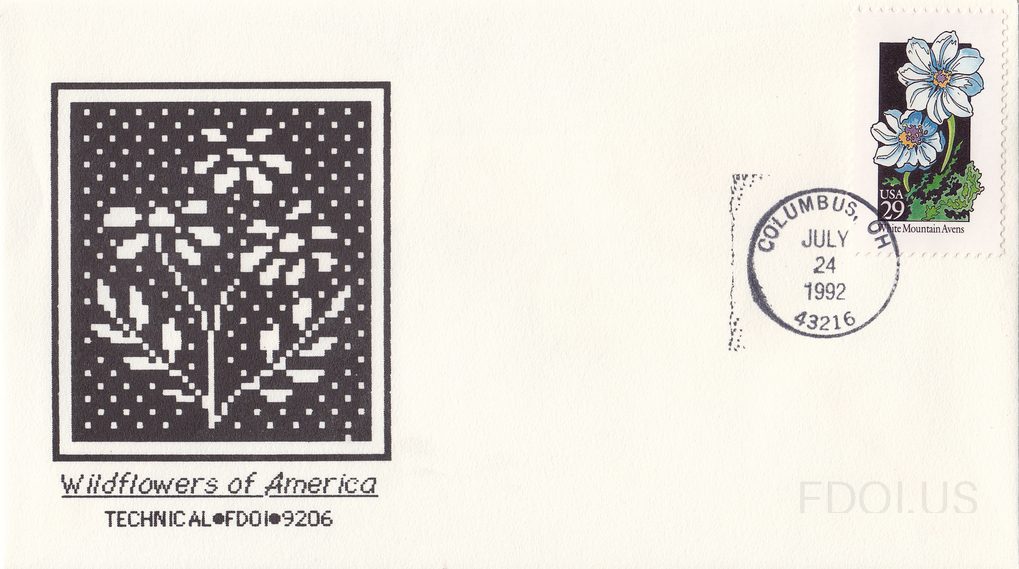 The cachet features a pixelated/digitized black and white artwork of a wildflower plant on a dark background, rendered in a cross-stitch or needlepoint style. The stamp is a USA 29-cent 'White Mountain Avens' from the Wildflowers of America series, depicting blue-white flowers against a dark backgr…