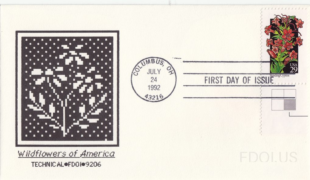 The cachet features a pixelated/digitized black and white artwork of wildflowers rendered in a computer-graphic style against a dark background, typical of the 'Technical' cachet maker series. The stamp is a 29-cent USA 'Standing Cypress' from the Wildflowers of America series, depicting red/orange…