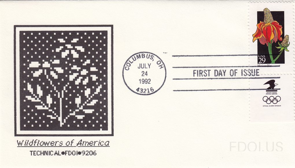 The cachet features a pixelated/digital art style rendering of a wildflower plant in black and white, with a dotted grid background, enclosed in a black bordered square. Below the artwork reads 'Wildflowers of America' in script and 'TECHNICAL•FDOI•9206' in block text. The stamp depicts a Mexican H…