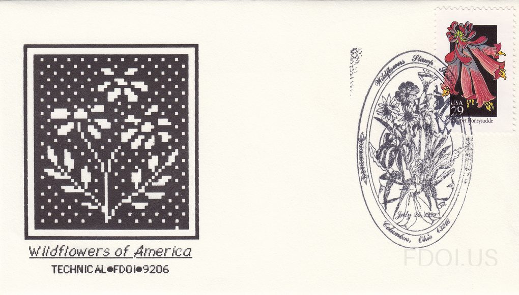 The cachet features a pixelated/digitized black and white artwork of a wildflower plant on a dark background, rendered in a computer-graphic style. Text below reads 'Wildflowers of America' and 'TECHNICAL•FDO1•9206'. The stamp is a 29-cent USA issue depicting Trumpet Honeysuckle with red tubular fl…