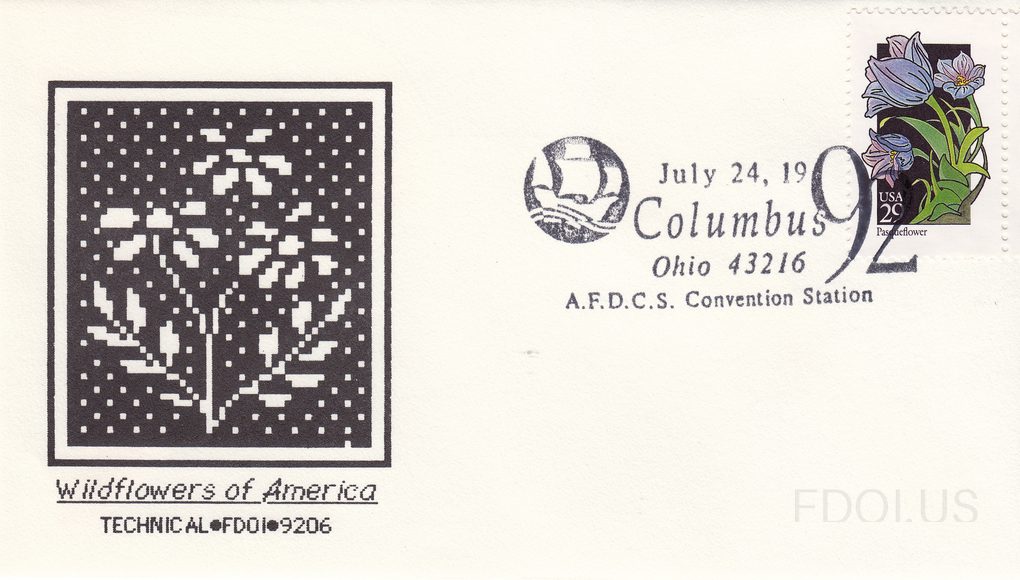 The cachet features a black and white pixelated/stippled artwork depicting wildflowers, rendered in a digital or cross-stitch style pattern against a dark background. Below the artwork is the text 'Wildflowers of America' in italic script with 'TECHNICAL•FDOI•9206' underneath. The stamp is a 29-cen…
