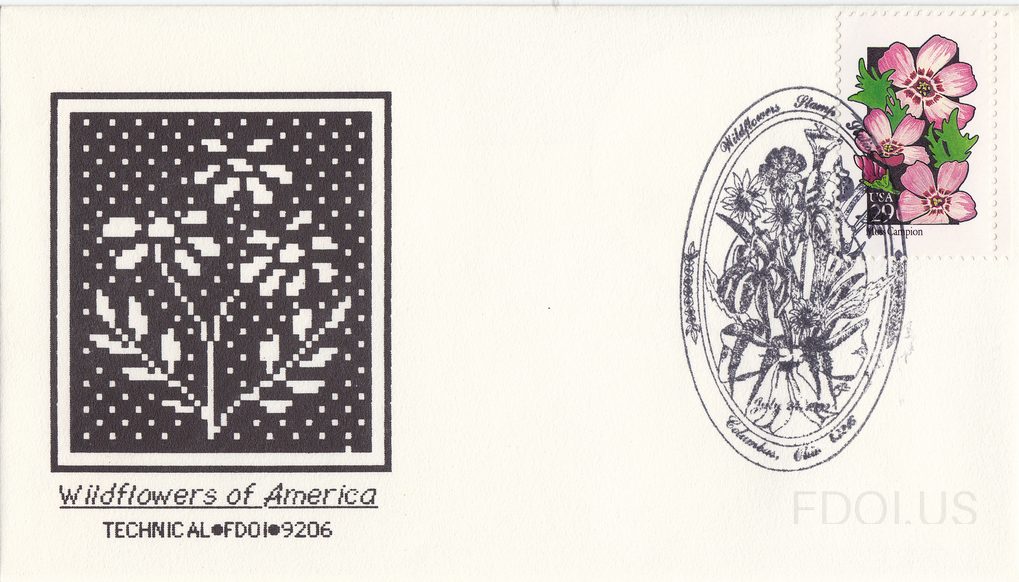 The cachet features a black-and-white pixel/dot-matrix style artwork of a wildflower plant on a dark background, with the text 'Wildflowers of America' and 'TECHNICAL•FDOI•9206' printed below. The stamp is a USA 29-cent 'Red Campion' from the 1992 Wildflowers series, depicting pink flowers with gre…