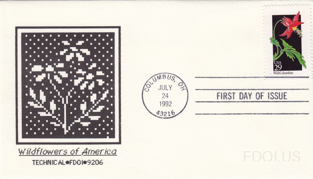 The cachet features a pixelated/digital art style rendering of wildflowers in black and white, created in a cross-stitch or needlepoint aesthetic pattern. The stamp depicts the Wild Columbine flower in vibrant red and green against a black background, denominated USA 29 cents. The postmark is a cir…