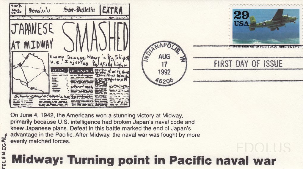 The cachet features a hand-drawn reproduction of the Honolulu Star-Bulletin 'EXTRA' newspaper front page with the headline 'JAPANESE AT MIDWAY SMASHED,' including a map and subheadlines about enemy damage and U.S. casualties. Below the artwork is explanatory text about the Battle of Midway on June …