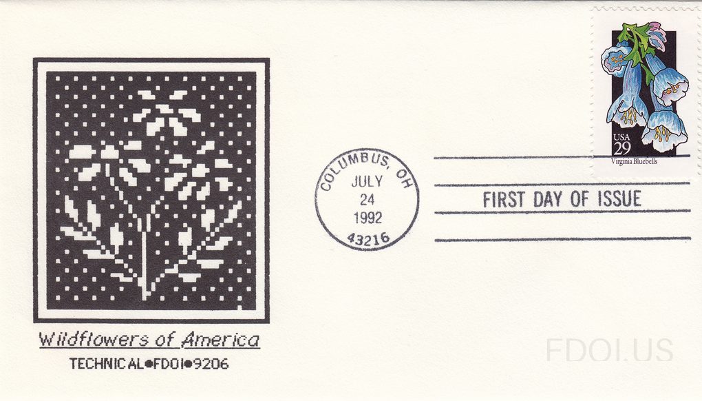 The cachet features a pixelated/digitized black and white artwork depicting wildflowers, rendered in a mosaic or cross-stitch style against a dark background. Below the artwork, text reads 'Wildflowers of America' in italic script with 'TECHNICAL•FDOI•9206' printed beneath. The stamp is a USA 29-ce…