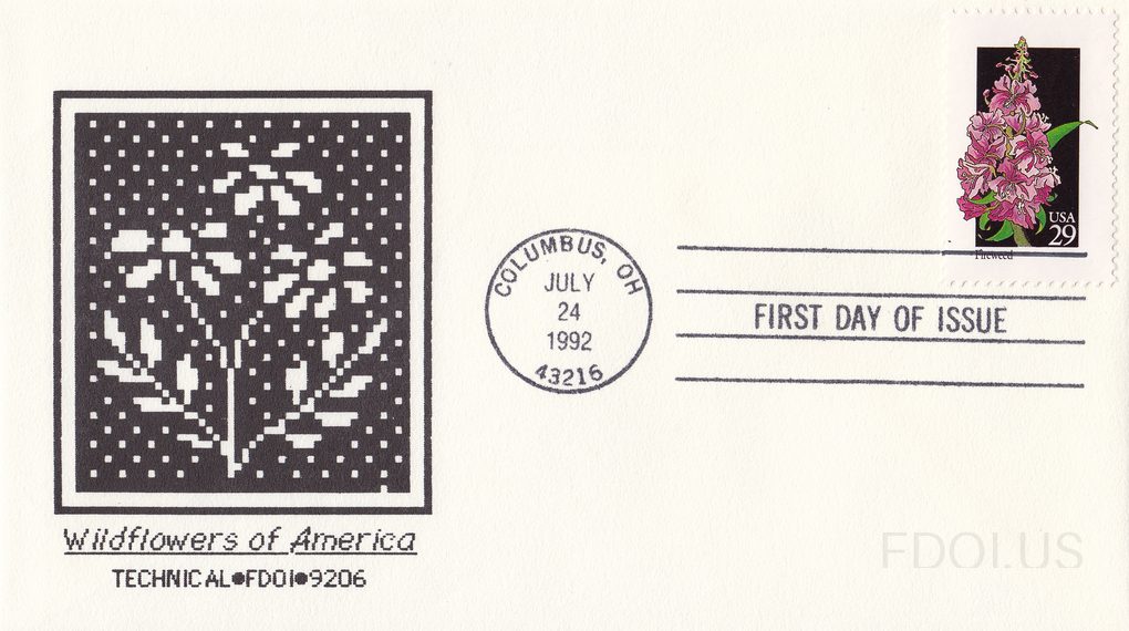 The cachet features a black and white pixelated/dot-matrix style artwork depicting a wildflower plant, printed in a square vignette on the left side of the envelope. Below the artwork is the text 'Wildflowers of America' in italic script, with 'TECHNICAL•FDOI•9206' beneath it. The stamp is a 29-cen…