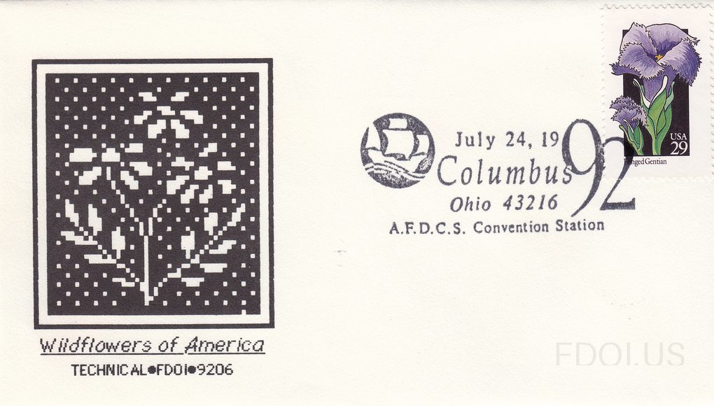 The cachet features a black-and-white pixelated/digital-style artwork depicting wildflowers, printed in a square design on the left side of the envelope. Below the artwork, italic text reads 'Wildflowers of America' with 'TECHNICAL•FDOI•9206' underneath. The stamp is a 29-cent USA 'Fringed Gentian'…