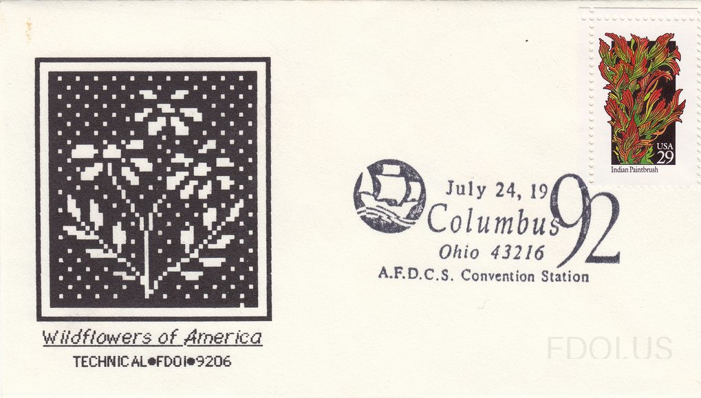 The cachet features a black-and-white pixel/dot-matrix style artwork depicting wildflowers, labeled 'Wildflowers of America' with maker code 'TECHNICAL•FDOI•9206'. The stamp is the USA 29-cent Indian Paintbrush from the 1992 Wildflowers series, depicting the vivid red and green plant on a black bac…
