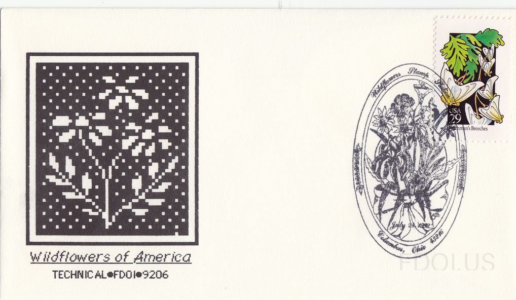The cachet features a pixelated/digital-style black and white rendering of a wildflower plant, created in a dot-matrix or cross-stitch aesthetic. Below the artwork, text reads 'Wildflowers of America' in italic script and 'TECHNICAL•FD01•9206' in block letters. The stamp is a USA 29-cent Dutchman's…