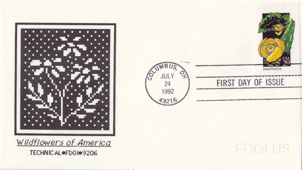 The cachet features a pixelated/mosaic-style black and white artwork depicting a wildflower plant, created in a digital or cross-stitch aesthetic. The text below reads 'Wildflowers of America' and 'TECHNICAL•FDO1•9206'. The stamp is a 29-cent USA Indian Pond Lily from the 1992 Wildflowers of Americ…