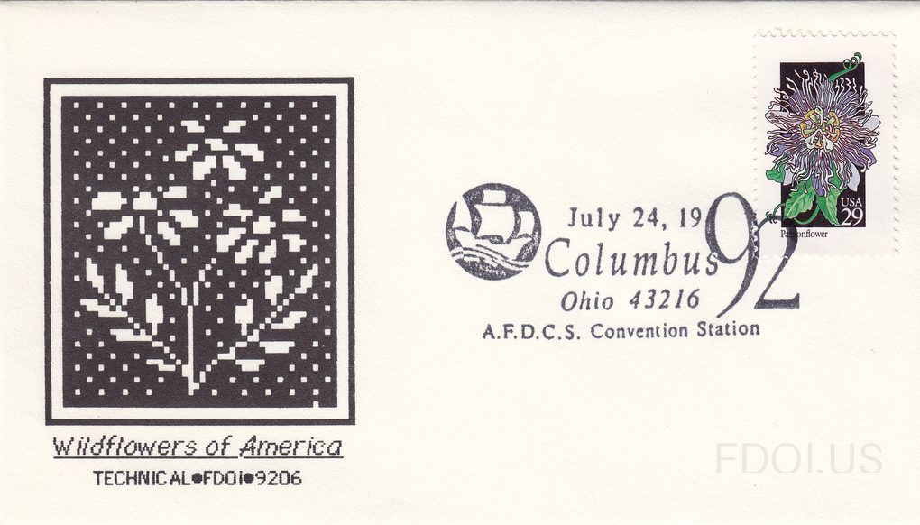 The cachet features a pixelated/mosaic-style black and white artwork depicting wildflowers on a dark background, created in a technical dot-matrix or cross-stitch style. Below the artwork is the text 'Wildflowers of America' and 'TECHNICAL•FDOI•9206'. The stamp is a USA 29-cent Passionflower from t…