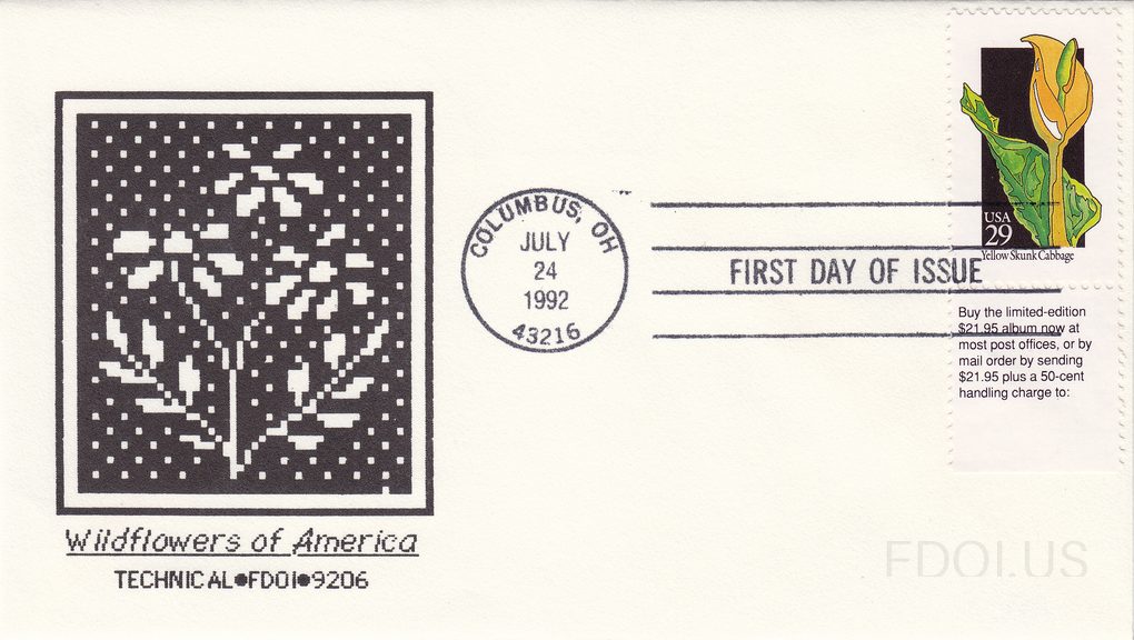 The cachet features a pixelated/digitized black and white artwork of a wildflower plant, rendered in a mosaic or dot-matrix style, framed by a black border. Below the artwork, italic text reads 'Wildflowers of America' with the maker code 'TECHNICAL•FDOI•9206'. The stamp depicts the Yellow Skunk Ca…