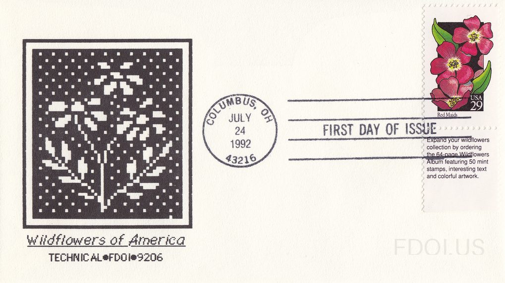 The cachet features a pixelated/dot-matrix style black and white artwork of a wildflower plant, created in a technical computer-generated aesthetic. Below the artwork is the text 'Wildflowers of America' in script and 'TECHNICAL•FDO1•9206' in block letters. The stamp depicts Red Maids (Calandrinia …