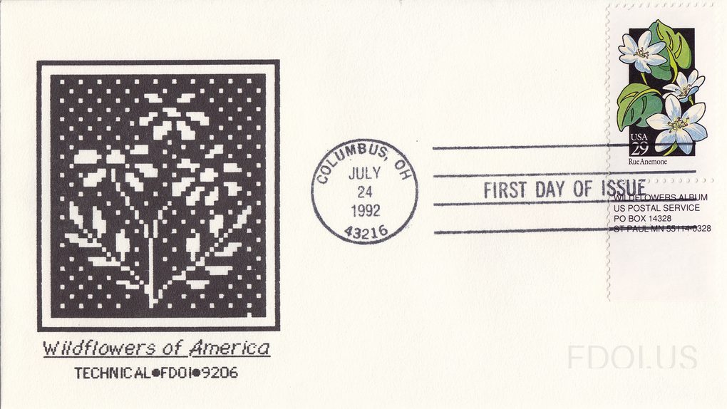 The cachet features a pixelated/cross-stitch style black and white artwork depicting a wildflower plant, rendered in a dot-matrix or needlepoint aesthetic on a dark background. The stamp is a USA 29-cent Rue Anemone from the Wildflowers of America series, showing white flowers with green leaves on …
