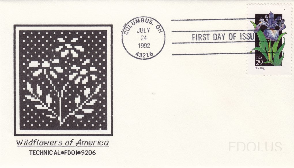 The cachet features a pixelated/dot-matrix style black and white artwork of a wildflower plant on a dark background, with the text 'Wildflowers of America' in script below and 'TECHNICAL•FDOI•9206' in block letters. The stamp is a USA 29-cent 'Blue Flag' iris stamp from the 1992 Wildflowers of Amer…