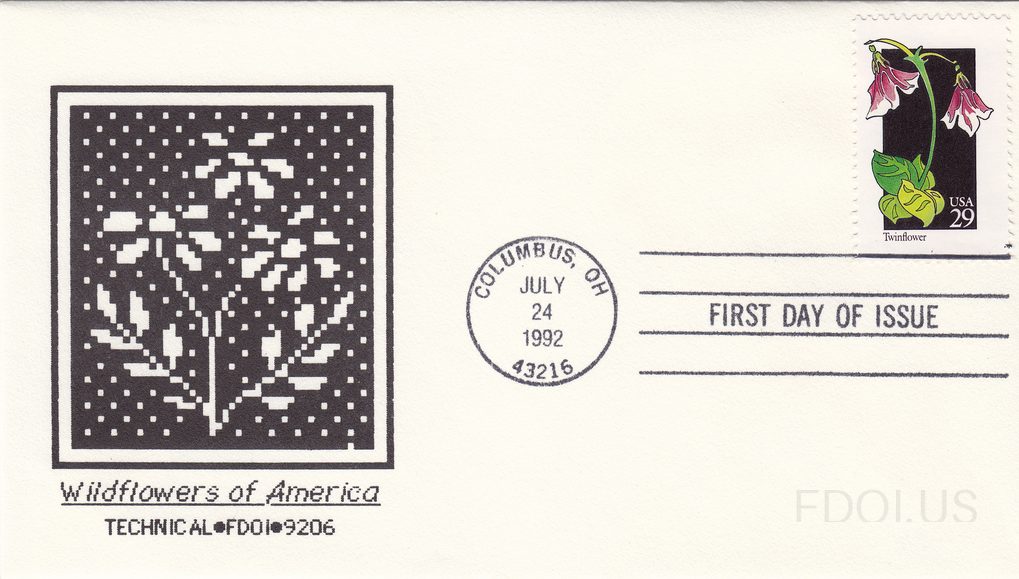 The cachet features a pixelated/dot-matrix style black and white illustration of wildflowers, rendered in a digital/computer art style within a dark square border. The stamp is a USA 29-cent 'Twinflower' from the Wildflowers of America series, depicting pink and white bell-shaped flowers with green…