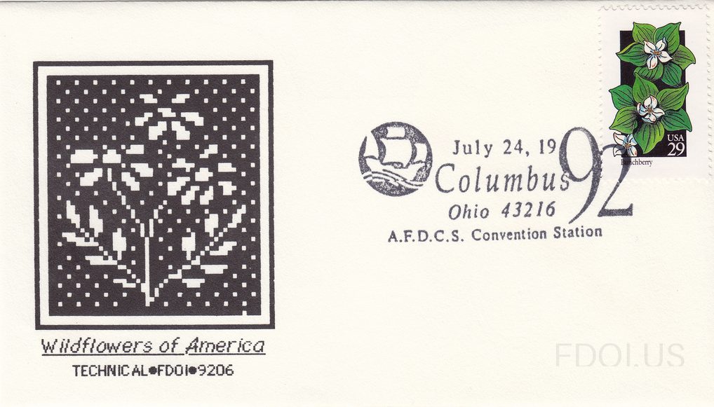 The cachet features a black-and-white pixel/mosaic-style artwork depicting wildflowers, printed in a square black frame on the left side of the envelope, with 'Wildflowers of America' printed below in script and 'TECHNICAL•FDOI•9206' beneath that. The stamp depicts Bunchberry (white flowers with gr…