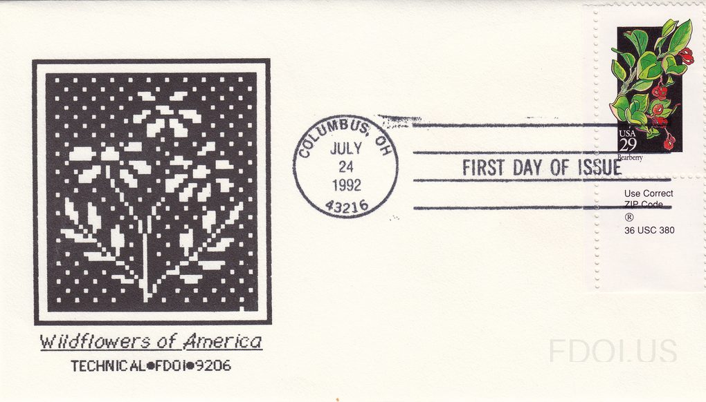 The cachet features a pixelated/digitized black and white artwork depicting wildflowers, rendered in a computer-generated dot-matrix style. Below the artwork, italic text reads 'Wildflowers of America' with 'TECHNICAL•FDOI•9206' printed beneath. The stamp is a 29-cent Bearberry stamp from the 1992 …