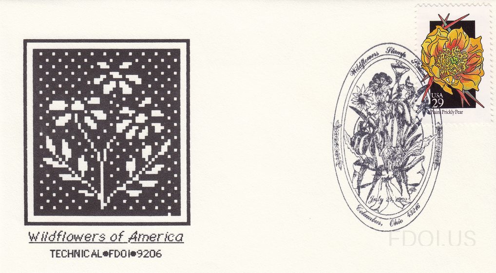 The cachet features a pixelated/digitized black-and-white graphic of a wildflower plant on a dark background, with 'Wildflowers of America' printed below in italic script and 'TECHNICAL•FDOI•9206' beneath that. The stamp is a 29-cent USA 'Plains Prickly Pear' from the Wildflowers of America series,…