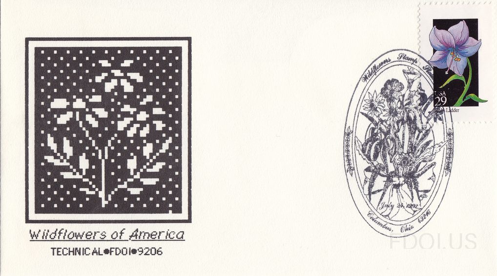 The cachet features a pixelated/digitized black and white image of wildflowers rendered in a dot-matrix or cross-stitch style against a black background, with the text 'Wildflowers of America' in italic script below and 'TECHNICAL•FDOI•9206' printed beneath. The stamp is a 29-cent US stamp from the…