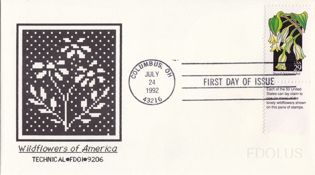The cachet features a pixelated/dot-matrix style black and white artwork depicting a wildflower plant on a dark background, created by Technical FDOI. Below the artwork, italic script reads 'Wildflowers of America' with 'TECHNICAL•FDOI•9206' in block letters beneath. The stamp is a USA 29-cent 'Smo…
