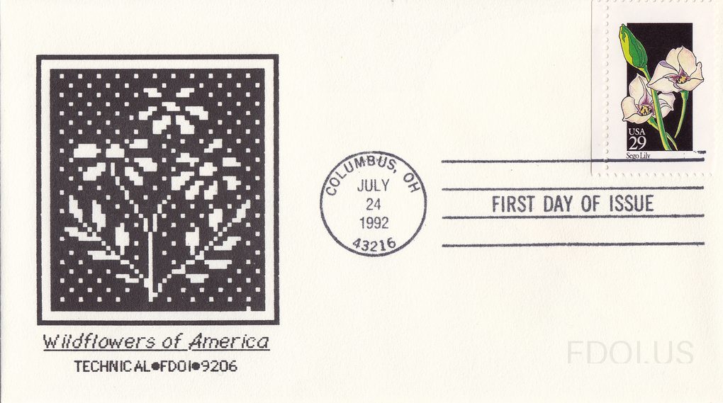 The cachet features a pixelated/digitized black and white artwork of a wildflower plant rendered in a mosaic or needlepoint style against a dark background, printed within a rectangular border. Below the artwork, italic text reads 'Wildflowers of America' with 'TECHNICAL•FDOI•9206' beneath it. The …