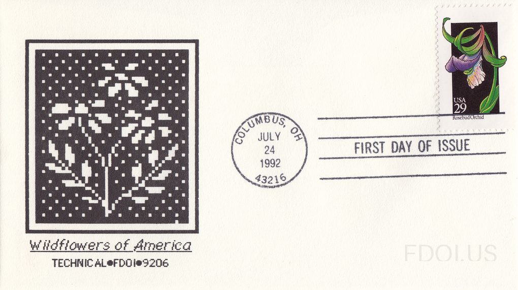 The cachet features a black-and-white pixelated/dot-matrix style artwork of a wildflower plant on a dark background, with the text 'Wildflowers of America' in script below and 'TECHNICAL•FDOI•9206' in block letters. The stamp is a USA 29-cent 'Rosebud Orchid' from the Wildflowers of America series,…