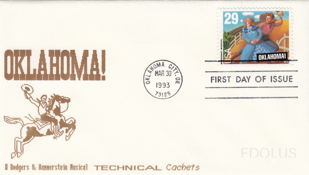 The cachet features bold brown block lettering spelling 'OKLAHOMA!' with a brown line-art illustration of a cowboy on horseback, lasso raised, in a dynamic galloping pose. The stamp is a 29-cent US stamp from the Broadway Musicals series depicting two figures — a man and woman in period costume — d…