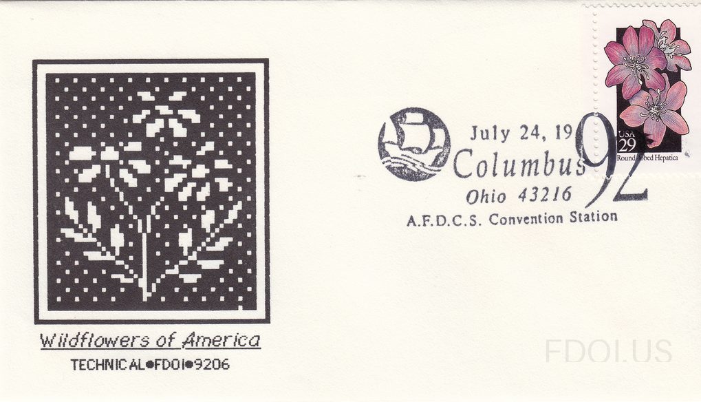 The cachet features a black-and-white pixel/dot-matrix style artwork depicting wildflowers with stems and leaves, framed in a dark square border. Below the artwork is the text 'Wildflowers of America' in italic script with 'TECHNICAL•FDOI•9206' beneath it. The stamp is a 29-cent USA issue depicting…