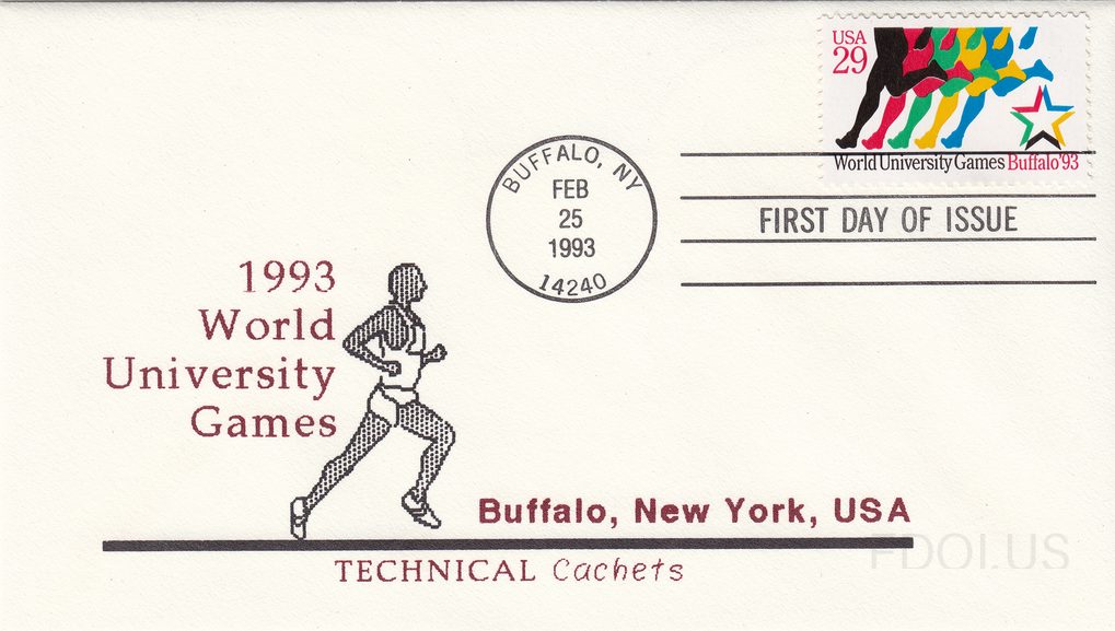 The cachet features a stippled/dotted black illustration of a runner in motion, accompanied by dark red text reading '1993 World University Games' and 'Buffalo, New York, USA.' A horizontal rule separates the main design from the maker's imprint 'TECHNICAL Cachets' in red. The 29-cent stamp depicts…