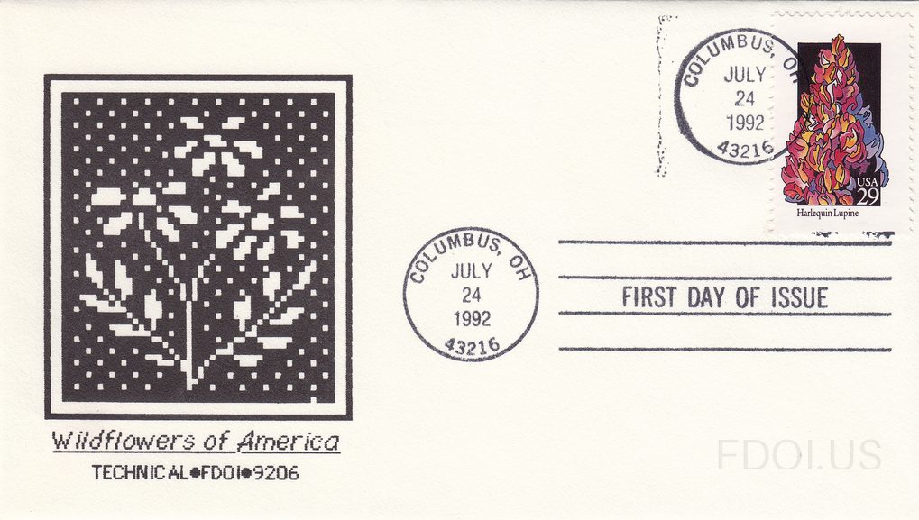 The cachet features a black-and-white pixelated/dot-matrix style artwork depicting a wildflower plant, framed in a square border, with 'Wildflowers of America' in script below and 'TECHNICAL•FDOI•9206' in block letters. The stamp is a USA 29-cent Harlequin Lupine from the 1992 Wildflowers of Americ…