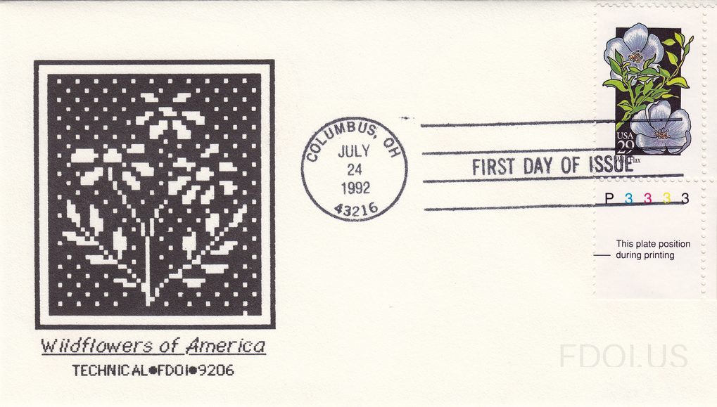 The cachet features a pixelated/dot-matrix style black and white artwork depicting wildflowers, rendered in a distinctive digital or cross-stitch pattern on a dark background. The stamp is a 29-cent USA issue from the Wildflowers of America series, depicting blue/lavender wild flax flowers with gre…