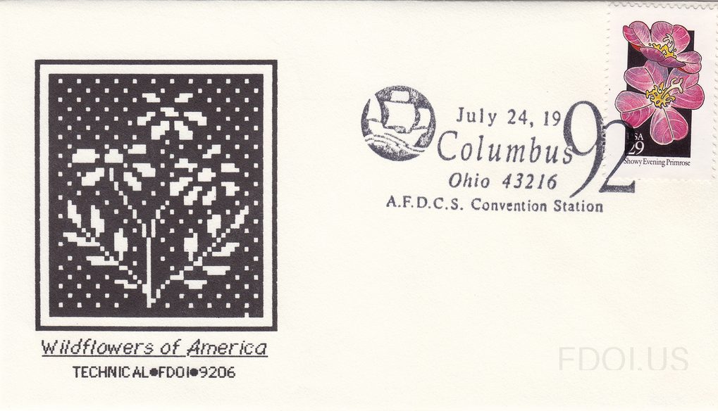The cachet features a pixelated/dot-matrix style black and white illustration of wildflowers on a dark background, rendered in a technical/digital art style. Below the artwork, the text reads 'Wildflowers of America' and 'TECHNICAL•FDO1•9206'. The stamp depicts the Showy Evening Primrose, a pink fl…