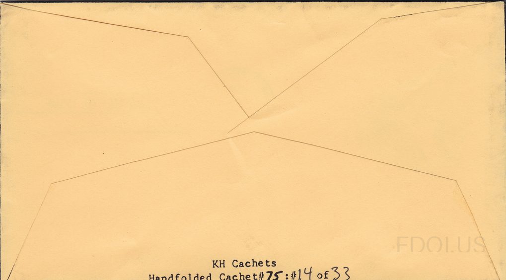 This image shows the reverse/back side of a First Day Cover envelope. The envelope is cream/yellow in color with standard diamond-fold flap construction visible. No cachet artwork, stamps, or postmark are visible on this side. Handwritten text at the bottom reads 'KH Cachets' and 'Handfolded Cachet…