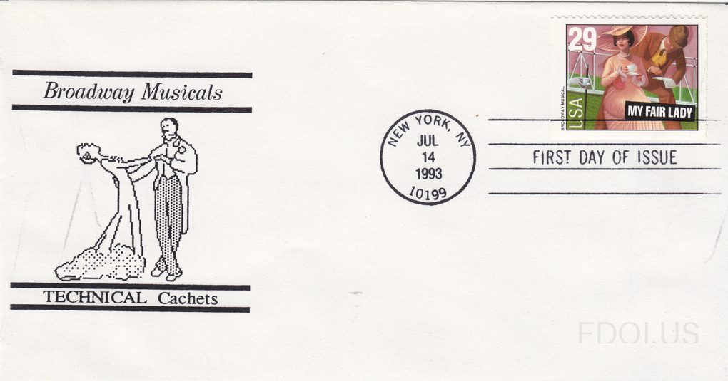 The cachet features a black-and-white line drawing of a couple dancing, with the man in formal attire dipping the woman in a flowing gown, framed by thick black horizontal bars. The text 'Broadway Musicals' appears at the top and 'TECHNICAL Cachets' at the bottom of the cachet. The stamp is the 29-…