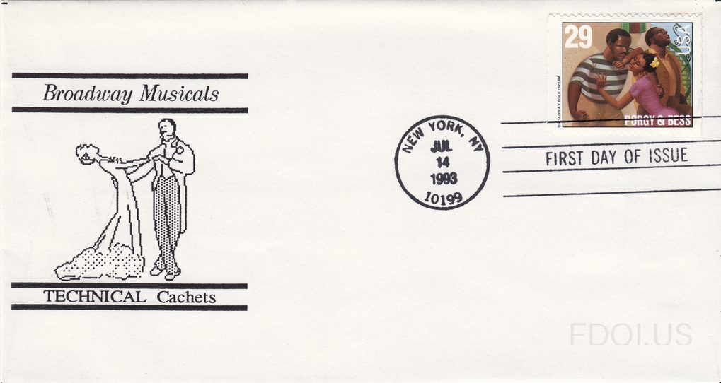 The cachet features a black-and-white line drawing of a couple dancing, framed by horizontal rules, with 'Broadway Musicals' printed above and 'TECHNICAL Cachets' below. The stamp is a 29-cent U.S. issue depicting a colorful painted scene from the opera 'Porgy & Bess,' showing two figures in an emb…