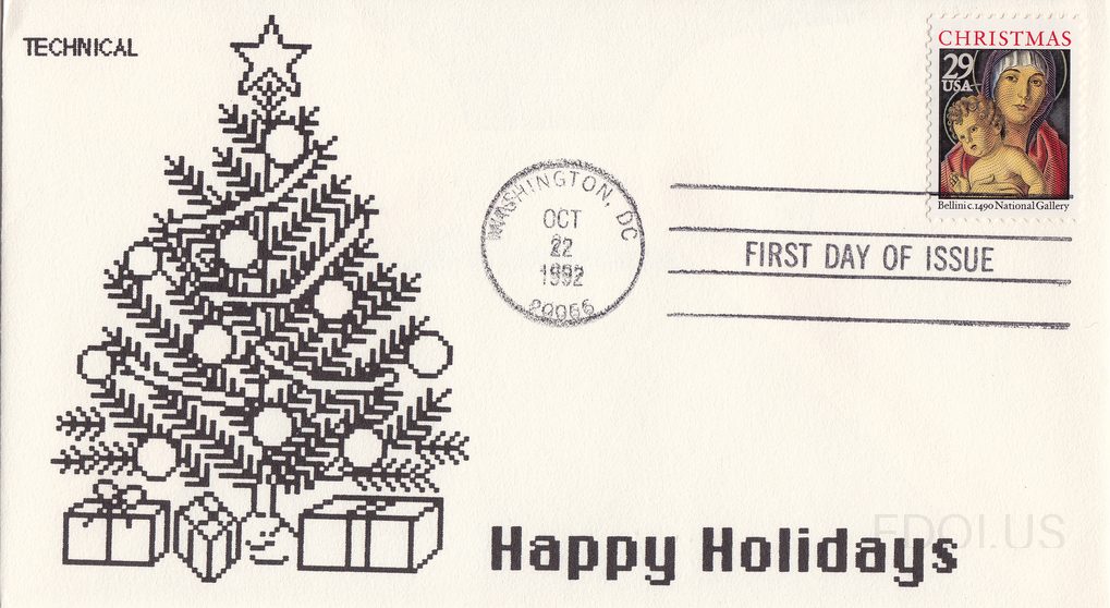 The cachet features a pixelated/digital art style Christmas tree in black ink decorated with round ornaments and topped with a star, with wrapped gift boxes beneath it. The text 'TECHNICAL' appears in the upper left and 'Happy Holidays' in bold at the bottom right of the cachet. The stamp is the 19…