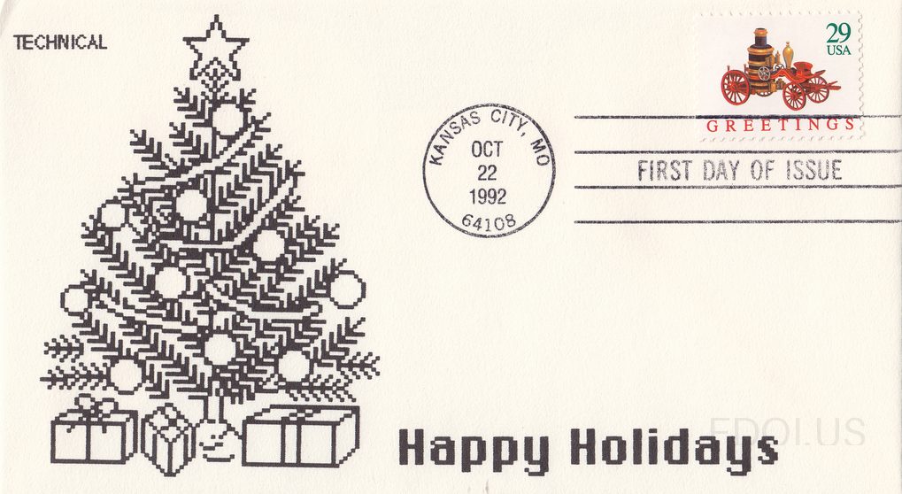 The cachet features a detailed black-and-white pixel/cross-stitch style illustration of a decorated Christmas tree with ornament balls, a star topper, and wrapped gifts beneath it, printed in a computer-graphic aesthetic consistent with Technical Cachets' style. The text 'Happy Holidays' appears in…