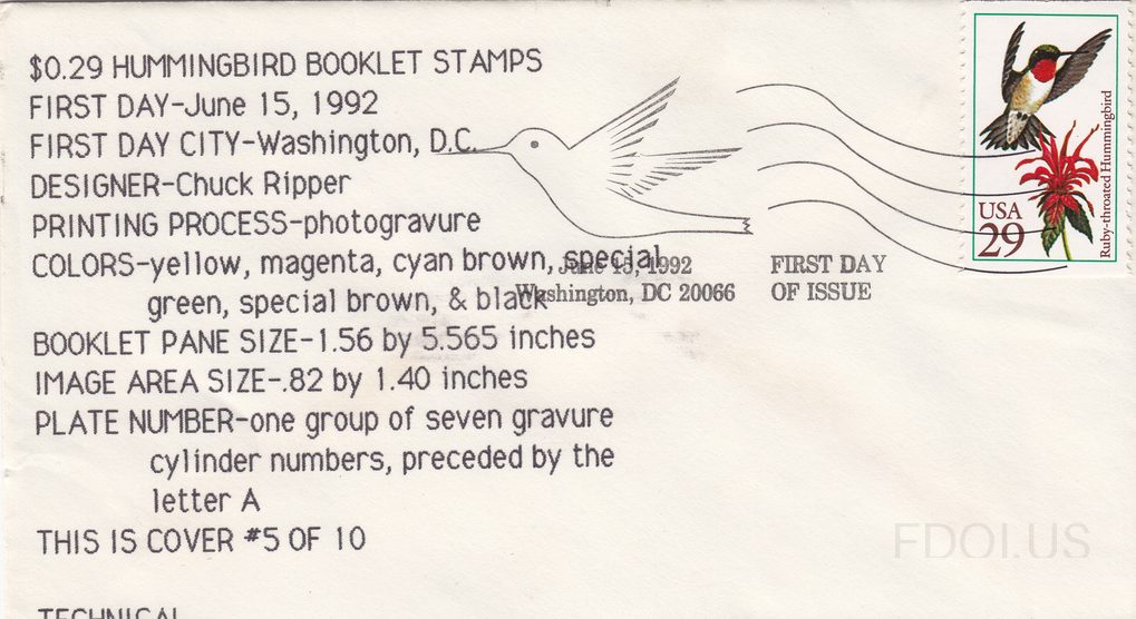 The cachet features a line-drawn hummingbird in flight rendered in simple black outline style on the left side, with flowing decorative wave lines extending to the right. Extensive printed text details the stamp's technical specifications including designer Chuck Ripper, photogravure printing proce…