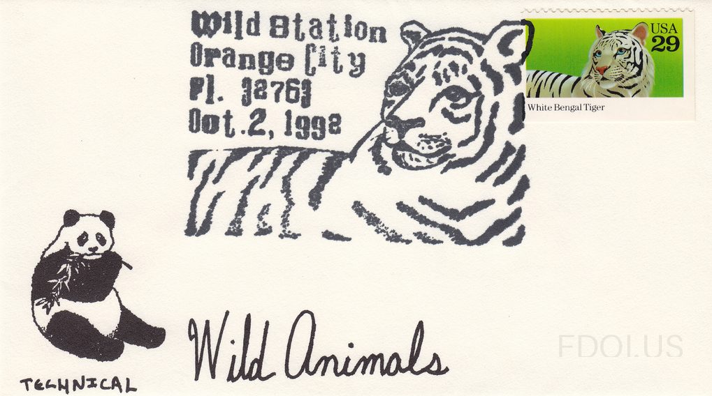 This First Day Cover features a hand-stamped cachet by Technical Cachets depicting two wildlife subjects: a giant panda bear eating bamboo on the lower left, and a large white Bengal tiger in the center cancellation area. The cover text reads 'Wild Animals' in handwritten script. The stamp is a USA…