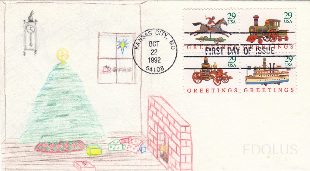 The cachet features a child's crayon-drawn Christmas scene depicting a living room interior with a decorated green Christmas tree topped with a yellow star, wrapped gifts beneath it, a brick fireplace, a grandfather clock, and a window with a star visible outside. Four 29-cent USA 'Greetings' stamp…