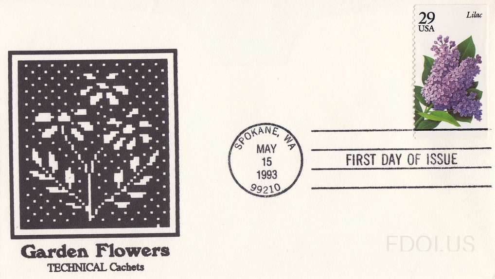 The cachet features a pixelated/dot-matrix style black and white artwork of a flowering plant, created in a digital grid pattern characteristic of Technical Cachets' style. The stamp is a 29-cent USA 'Lilac' stamp from the Garden Flowers series, depicting a purple lilac bloom with green leaves agai…