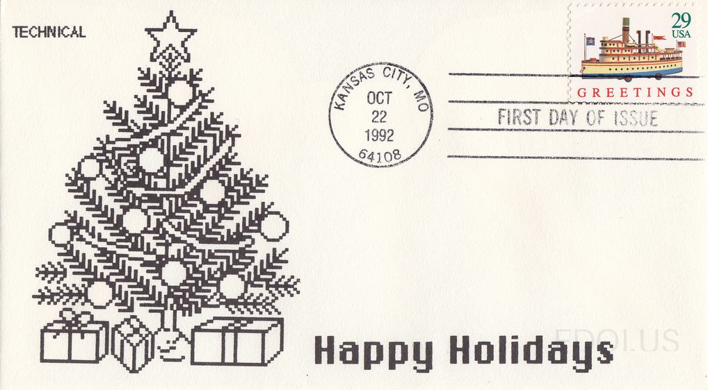 The cachet features a pixelated/dot-matrix style Christmas tree rendered in black and white, decorated with round ornaments and topped with a star, with wrapped gift boxes beneath it. The text 'Happy Holidays' appears in bold at the bottom right, and 'TECHNICAL' is printed in the upper left corner.…
