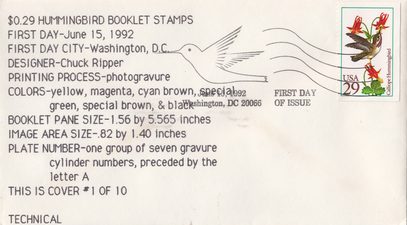 Calliope Hummingbird 29¢ Booklet Stamp FDC