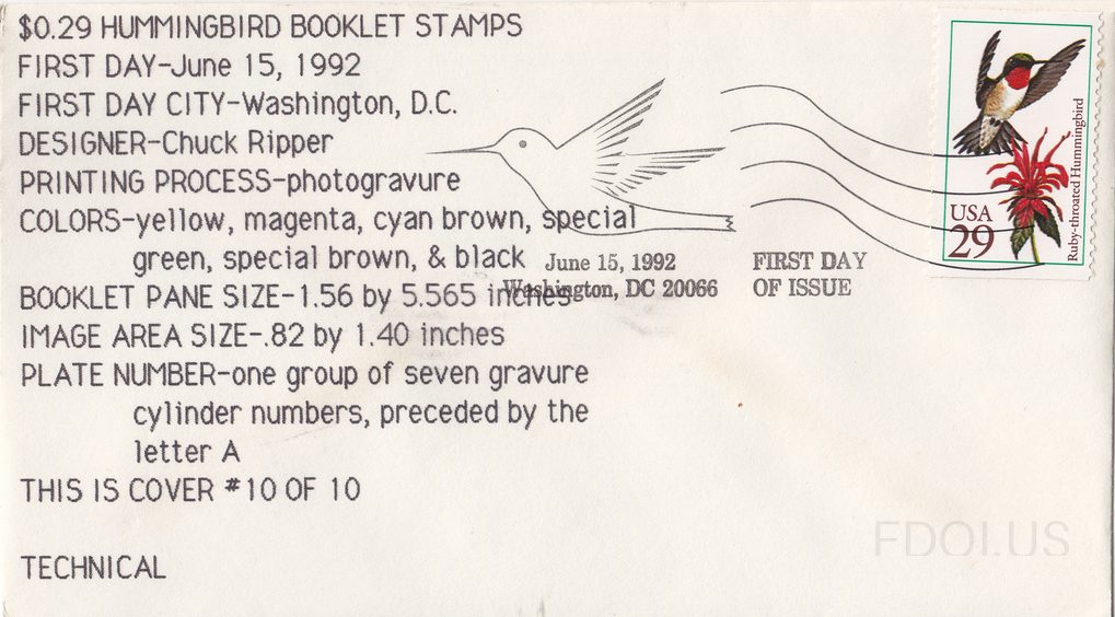 The cachet features a line-drawn hummingbird in flight rendered in simple black ink outline style on white envelope. The stamp is the 29-cent Ruby-throated Hummingbird from the 1992 Hummingbird Booklet series, showing a colorful photogravure illustration of the bird hovering near a red flower. The …