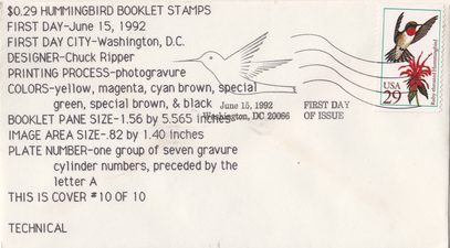 Ruby-throated Hummingbird 29¢ Booklet Stamp, June 15, 1992