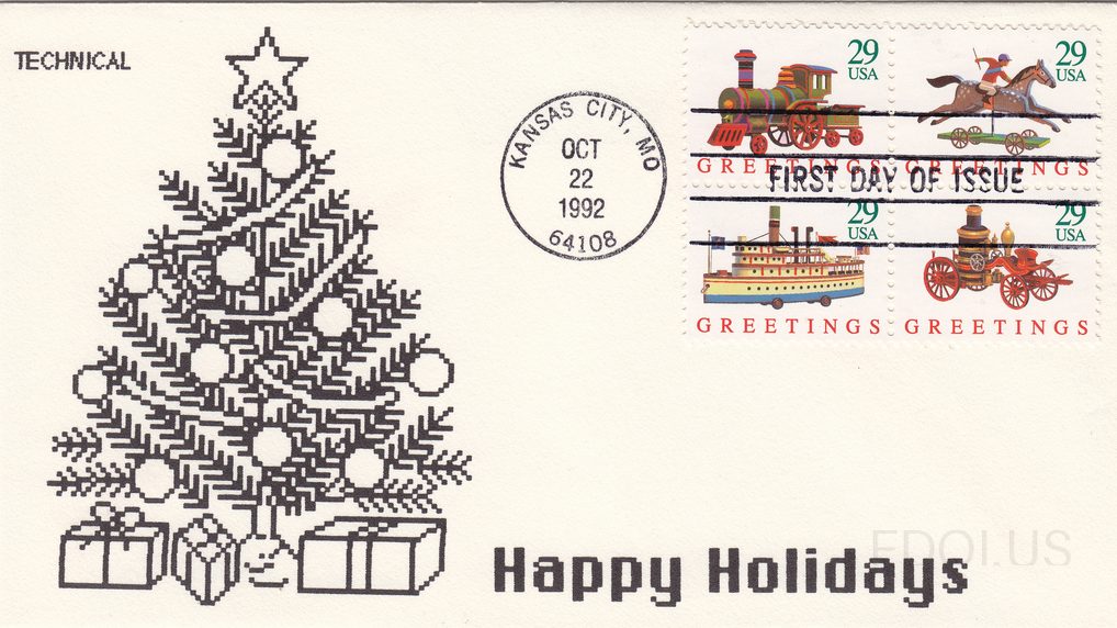 The cachet features a black line-art illustration of a decorated Christmas tree with ornaments and wrapped gifts beneath it, rendered in a pixelated/cross-stitch style. The text 'TECHNICAL' appears in the upper left and 'Happy Holidays' is printed in bold black text at the bottom. Four 29-cent 'Gre…