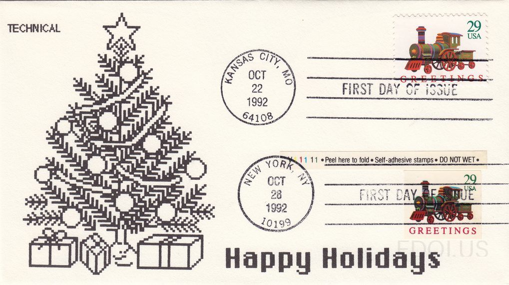The cachet features a detailed black-and-white pixelated/cross-stitch style Christmas tree decorated with ornaments, topped with a star, and surrounded by wrapped gifts at its base. The word 'TECHNICAL' appears in the upper left and 'Happy Holidays' in bold at the bottom. Two 29-cent USA 'Greetings…